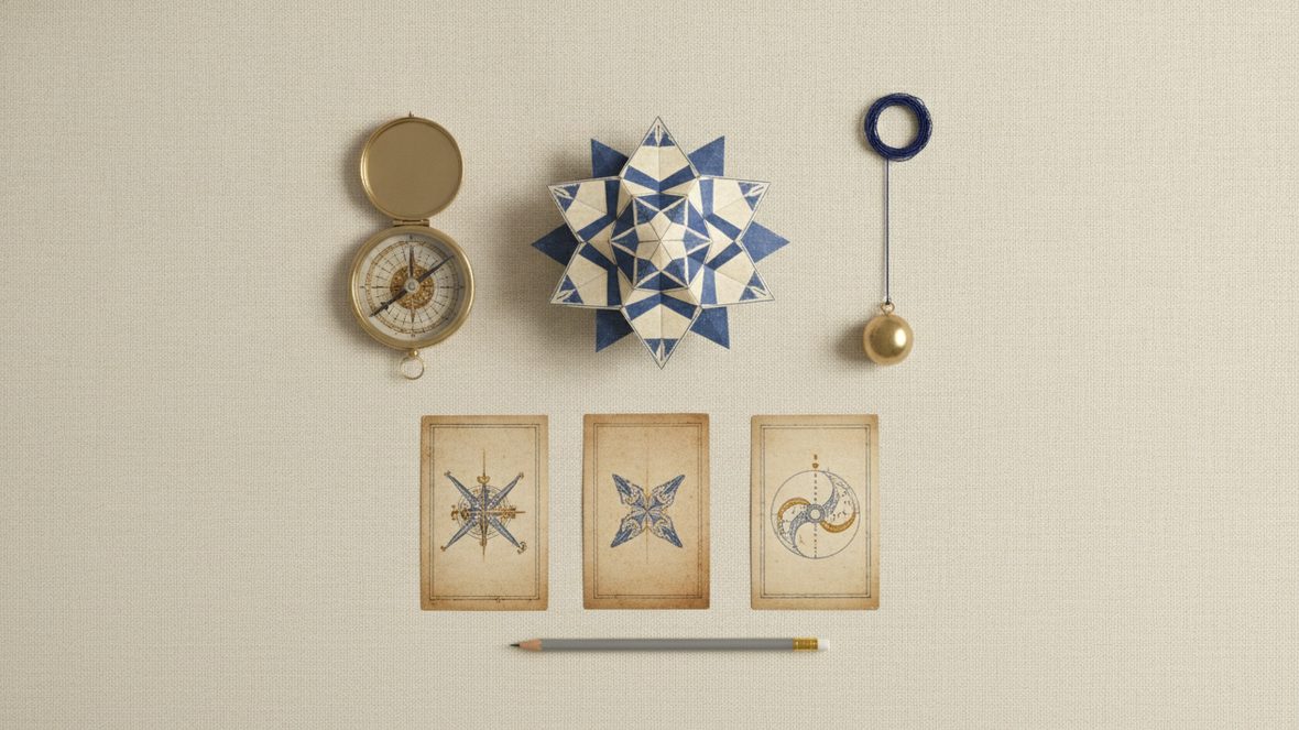 Table d'étude vue de dessus : carte du ciel pliée, compas de laiton, pendule, cartes anciennes et crayon