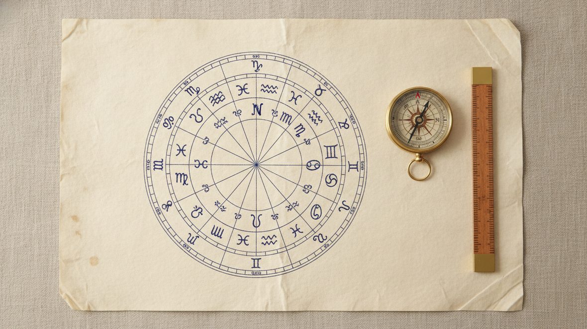 Carte du ciel dessinée à la main sur papier ancien, compas de laiton et règle posés à côté