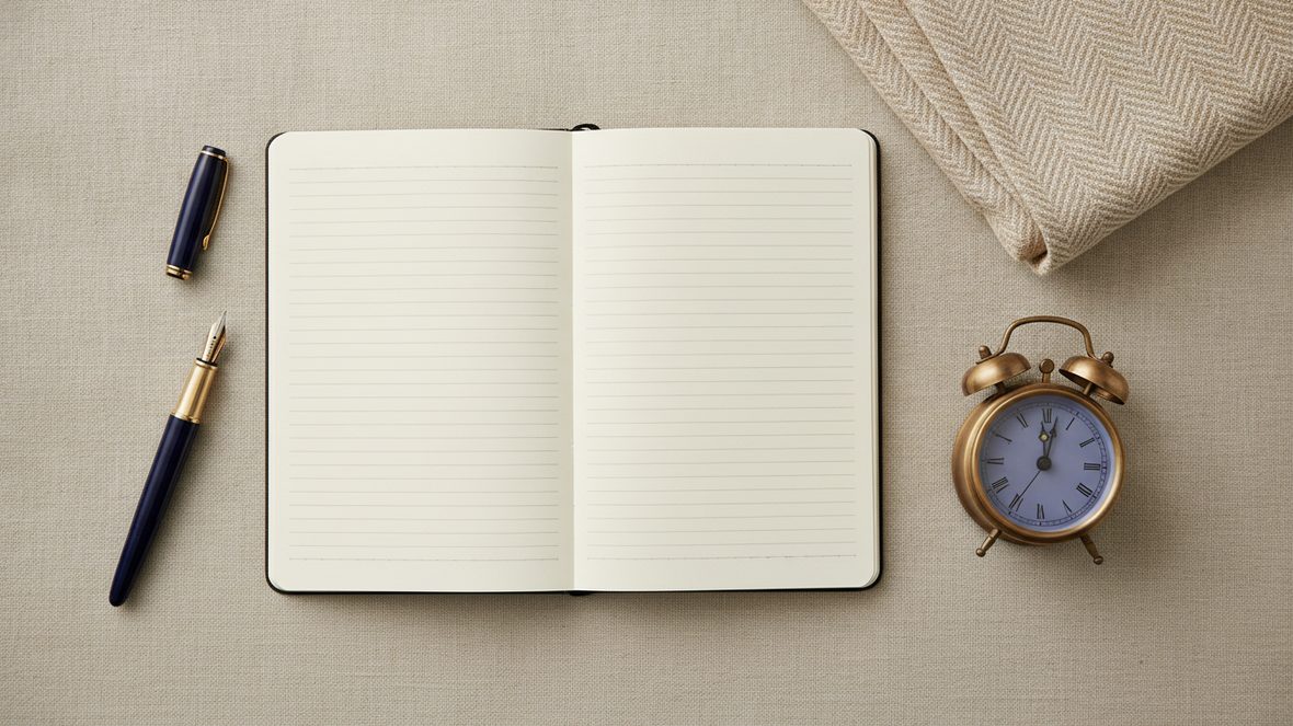 Carnet ouvert aux pages vierges, stylo à plume et petit réveil de laiton posés sur du lin